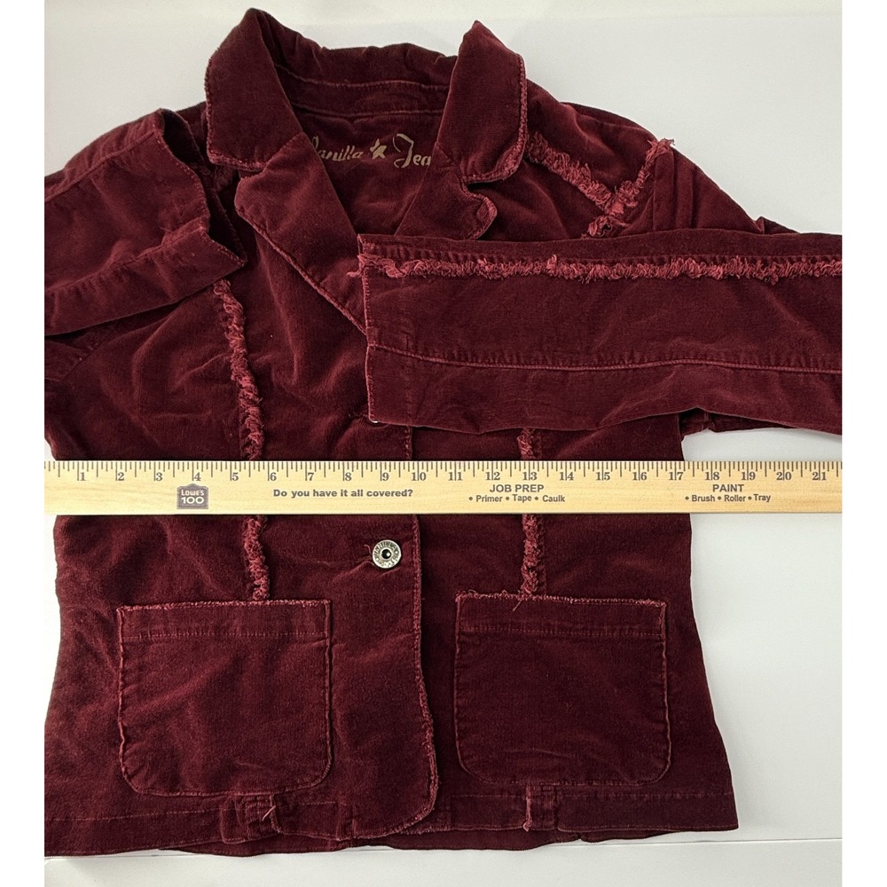 Vanilla Jeans Jacket Womens Large Burgundy Corduroy Cropped Raw Edge Button Y2K - Picture 5 of 5